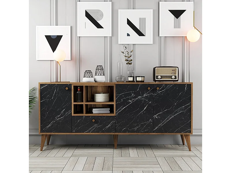 Buffet moderne 4 portes Sened L180cm Effet marbre Noir et Bois foncé