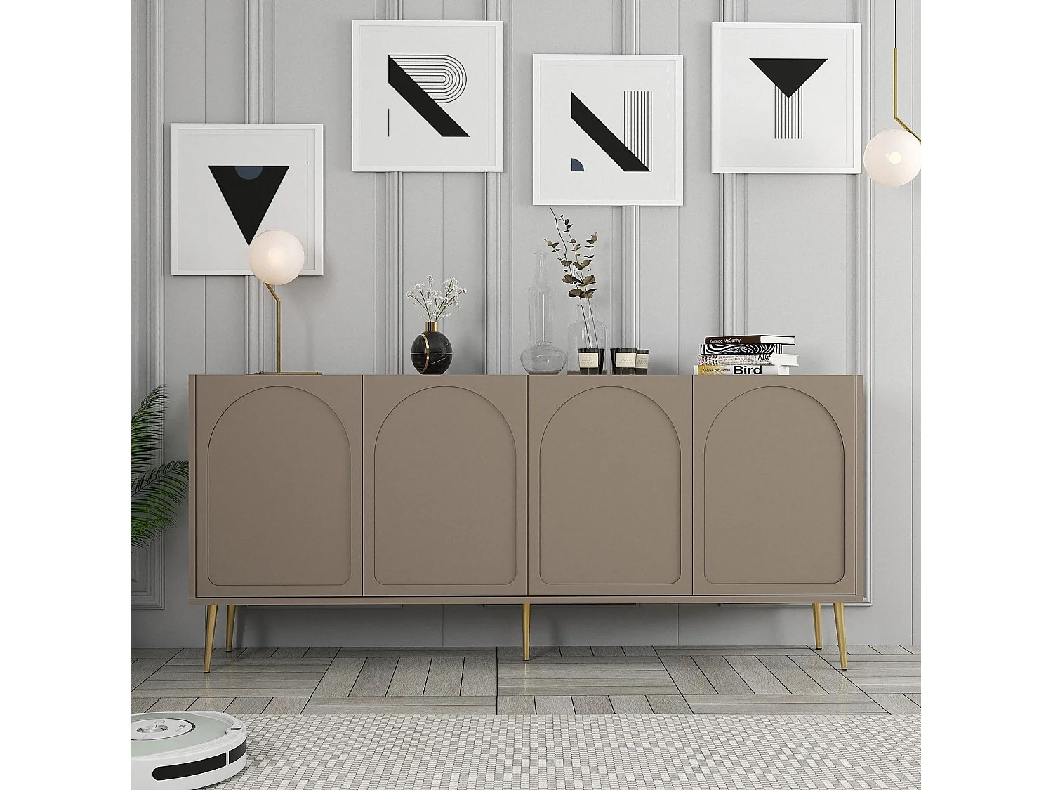 Buffet style minimaliste 4 portes Lyana Taupe foncé et Or