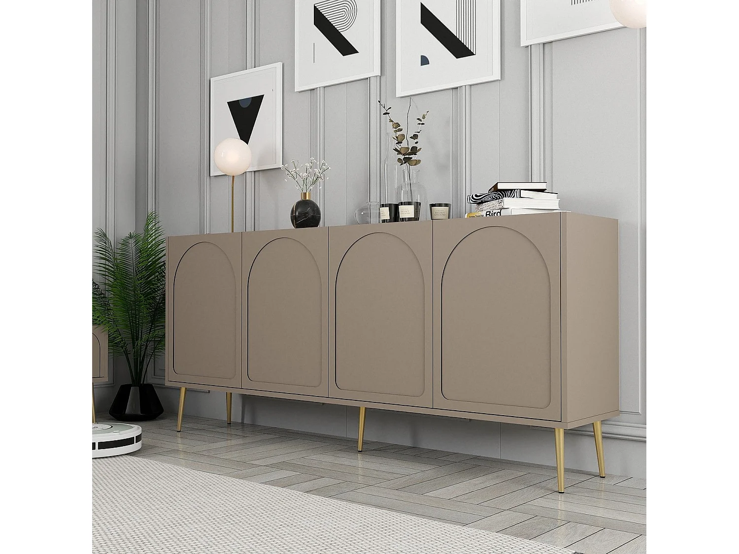 Buffet style minimaliste 4 portes Lyana Taupe foncé et Or