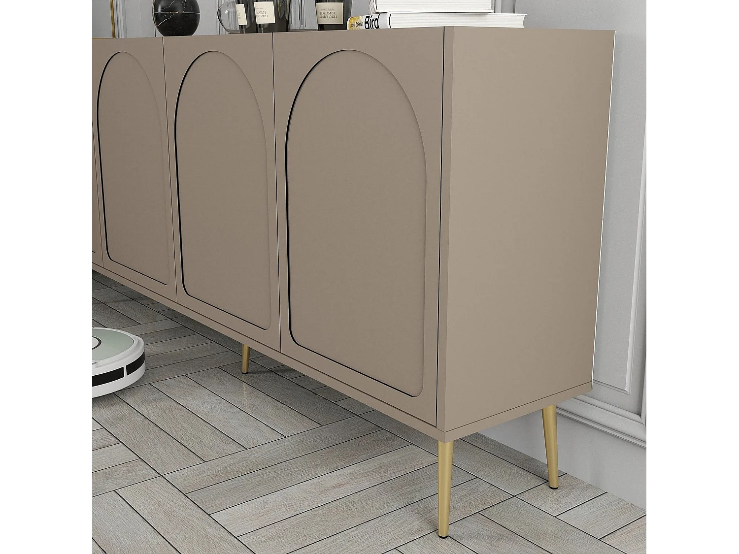 Buffet style minimaliste 4 portes Lyana Taupe foncé et Or