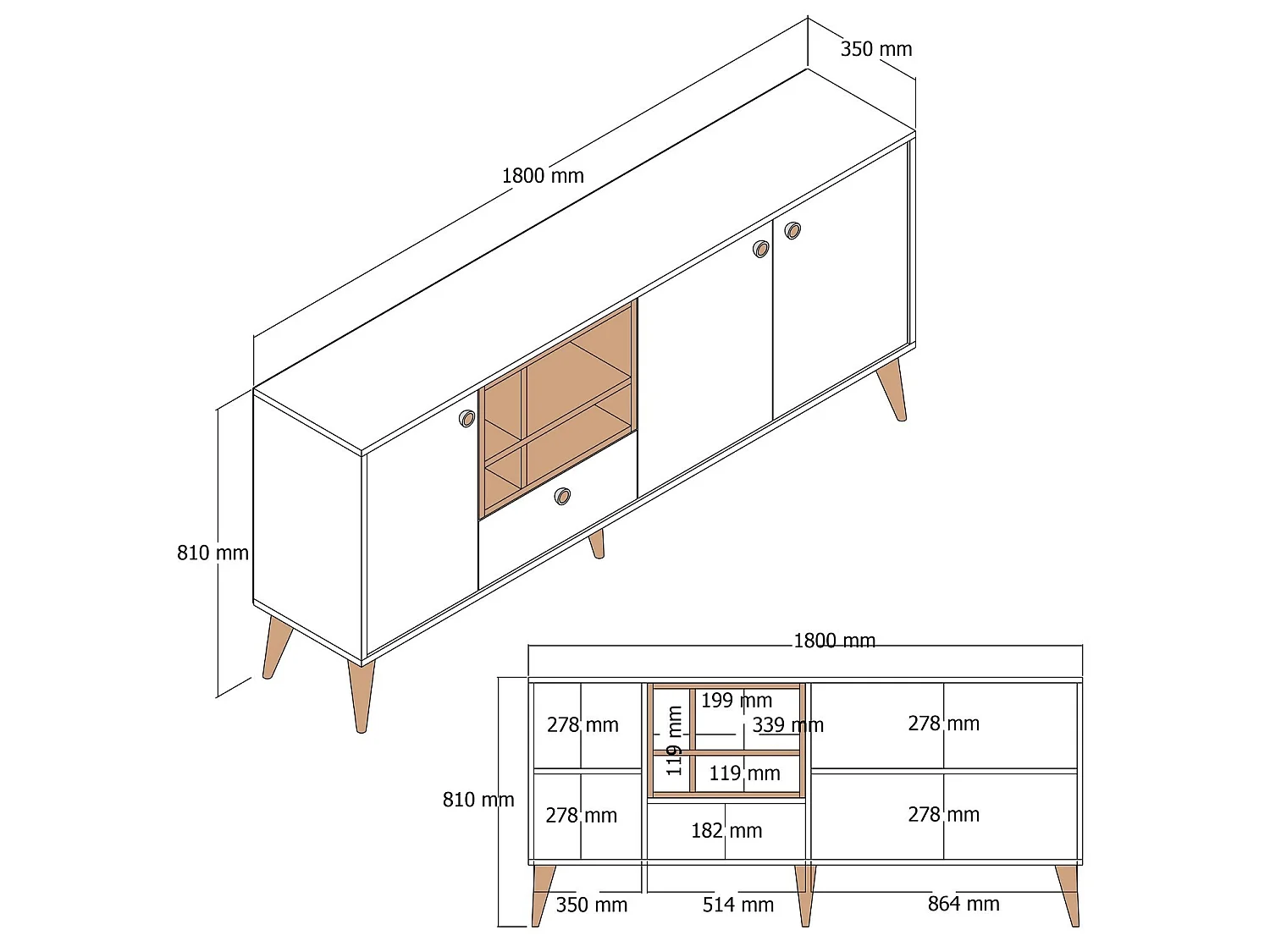 Sideboard – 180 cm x 81 cm x 35 cm – Creme – Spanplatte mit Melaminbeschichtung