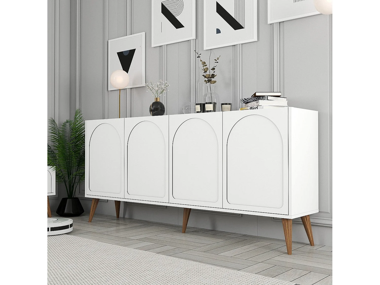 Aparador – 180 x 81 x 35 cm – Blanco y Nogal – Melamina