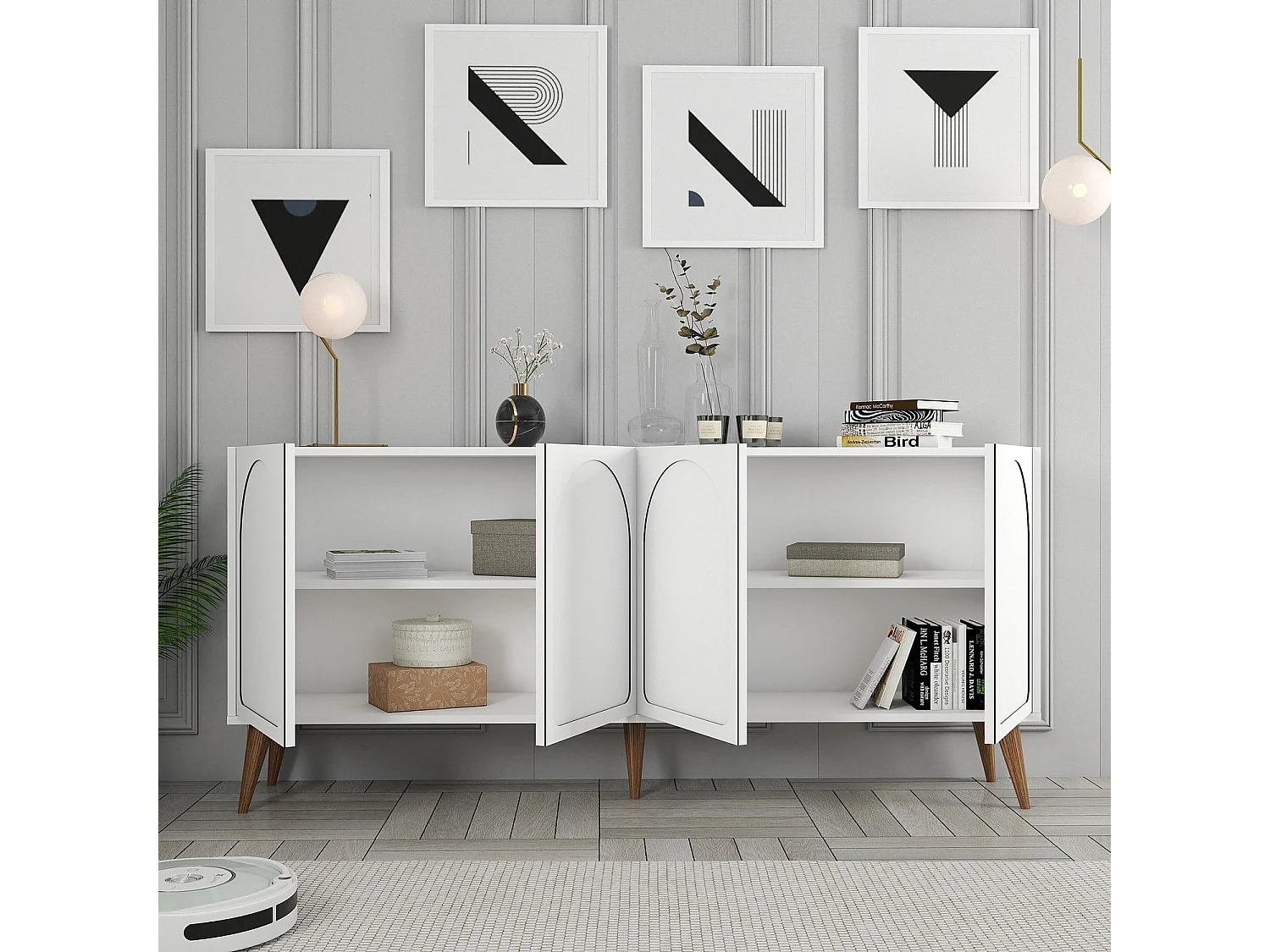 Aparador – 180 x 81 x 35 cm – Blanco y Nogal – Melamina