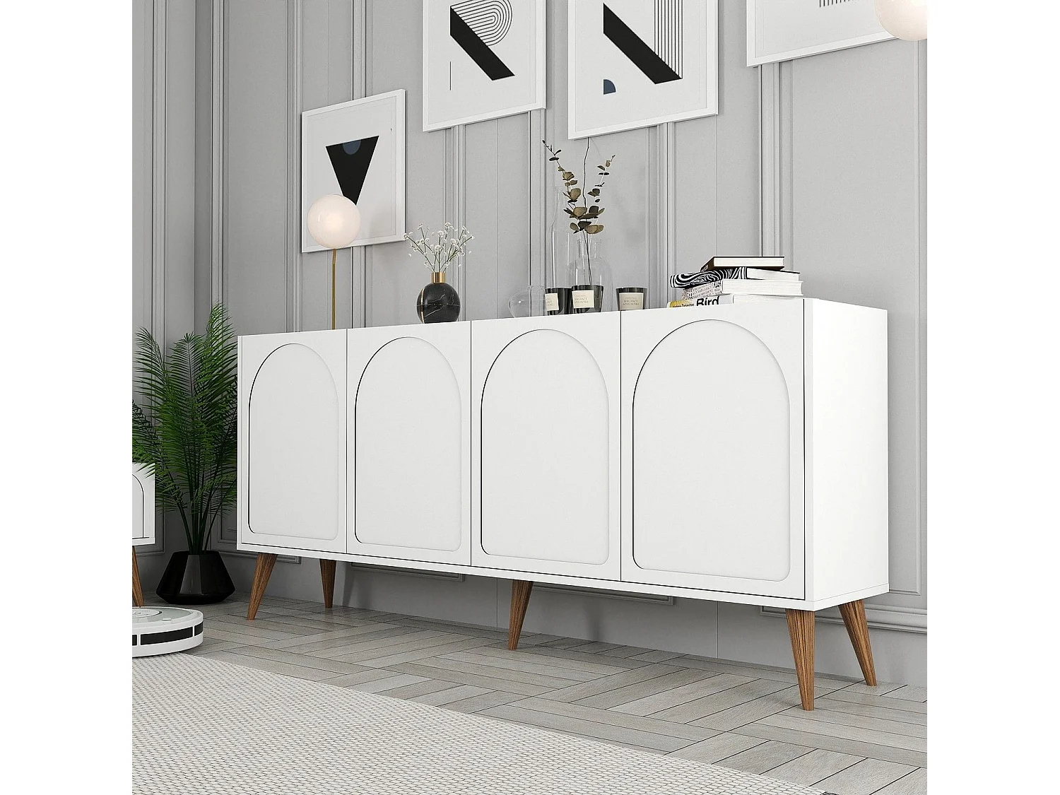 Aparador – 180 x 81 x 35 cm – Blanco y Nogal – Melamina