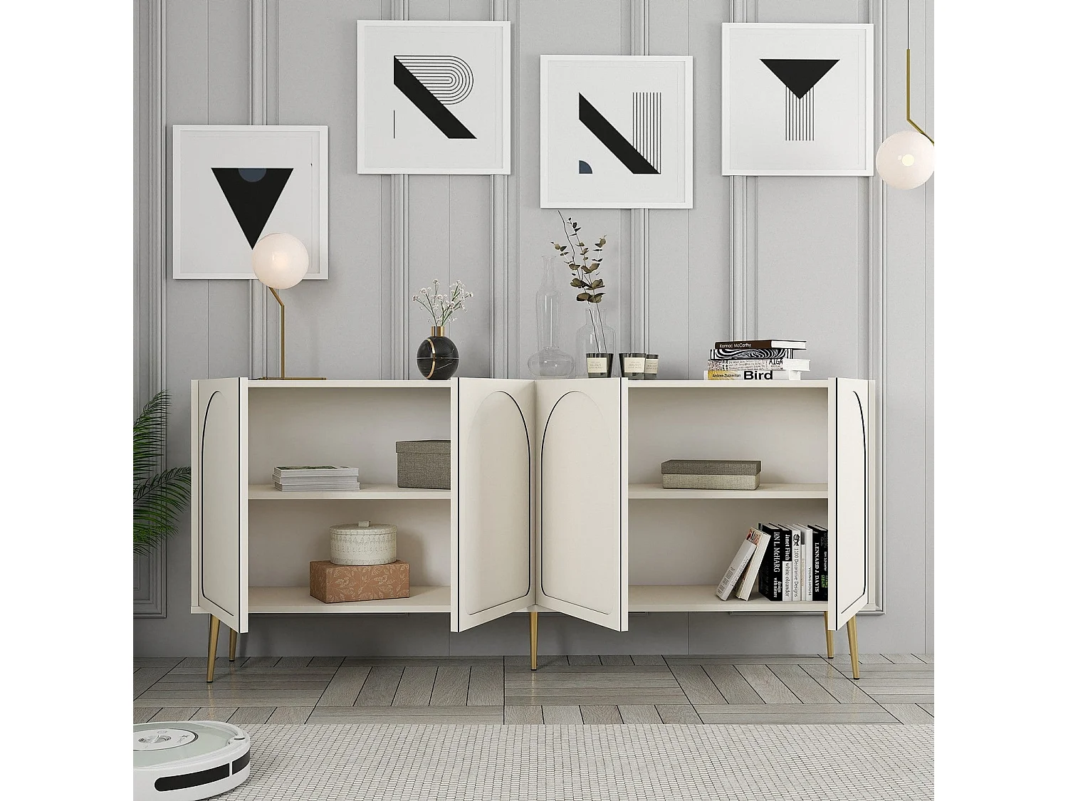 Aparador Elegante em Creme e Dourado – 180 x 80 x 35 cm – Aglomerado de partículas revestido a melamina