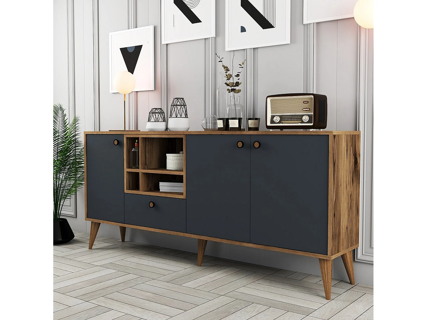 Aparador – 180 x 81 x 35 cm – Antracite e Nogueira – Painel de Partículas revestido a Melamina