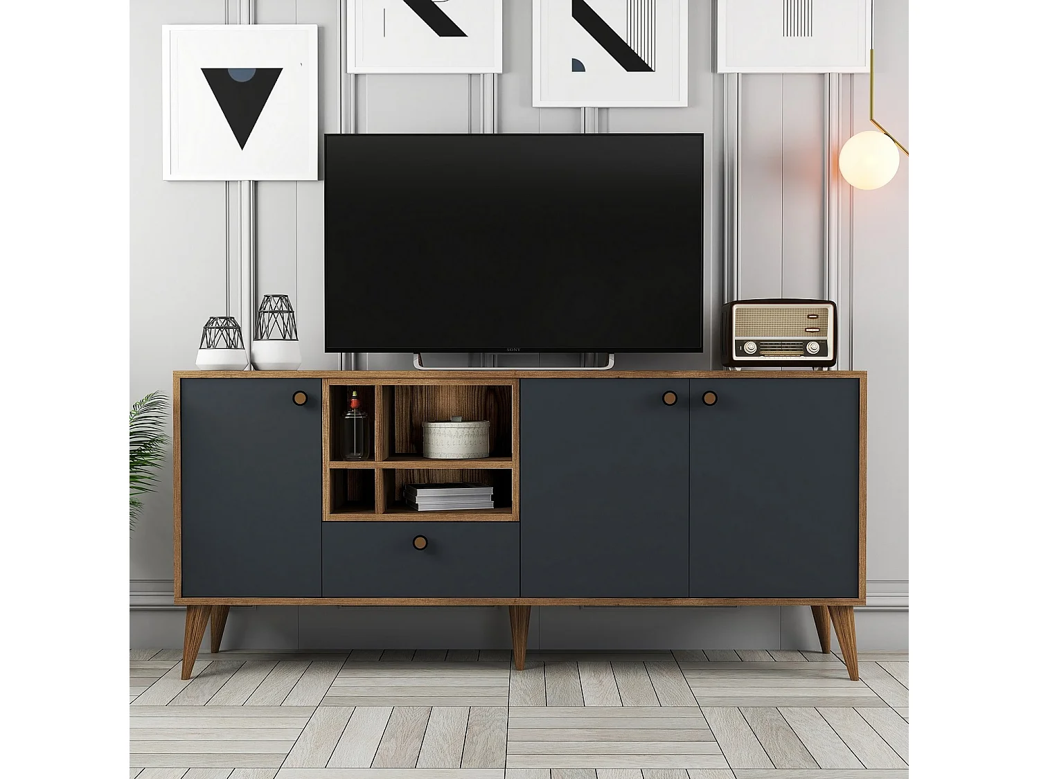 Aparador – 180 x 81 x 35 cm – Antracite e Nogueira – Painel de Partículas revestido a Melamina