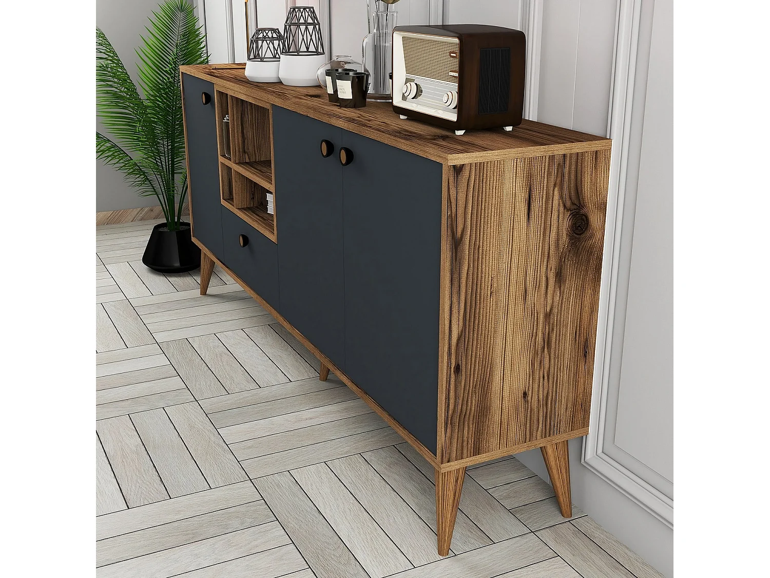 Aparador – 180 x 81 x 35 cm – Antracite e Nogueira – Painel de Partículas revestido a Melamina