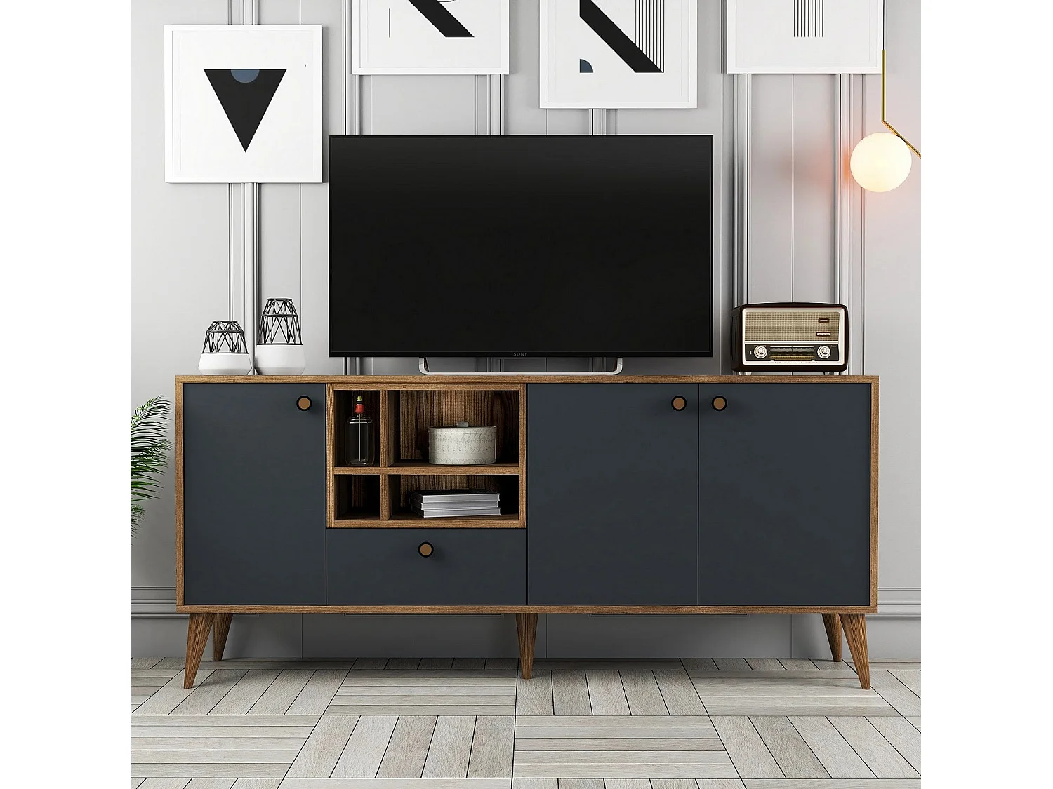 Aparador – 180 x 81 x 35 cm – Antracite e Nogueira – Painel de Partículas revestido a Melamina