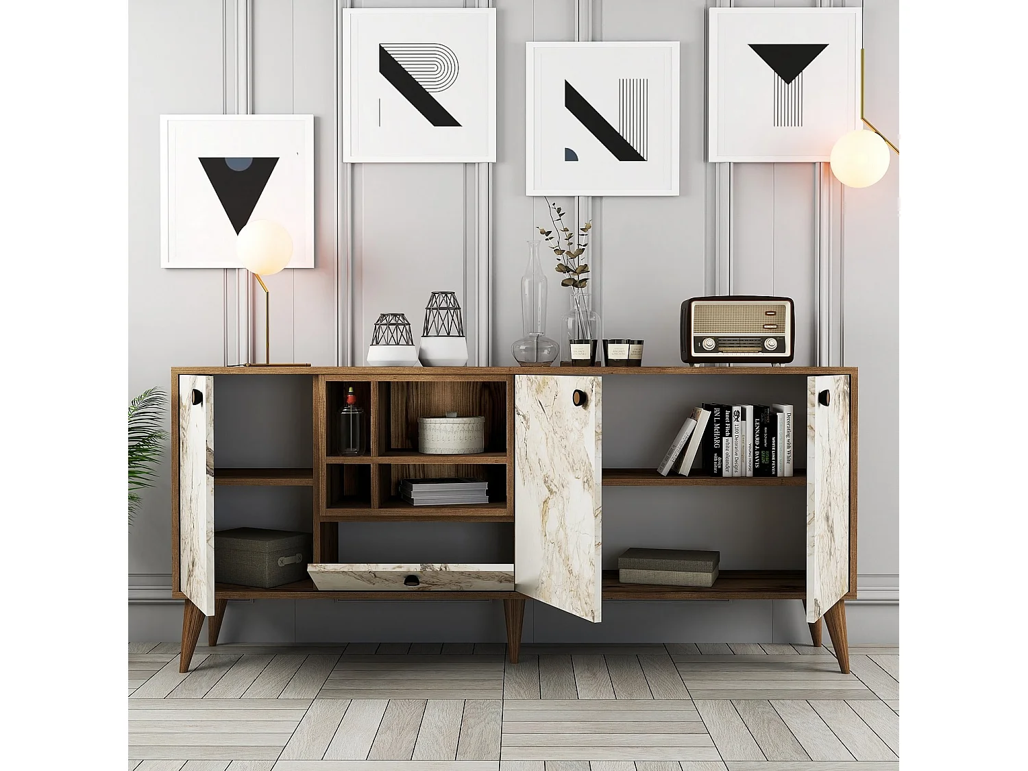 Aparador Napoli color nogal mármol blanco 180x35x81 cm