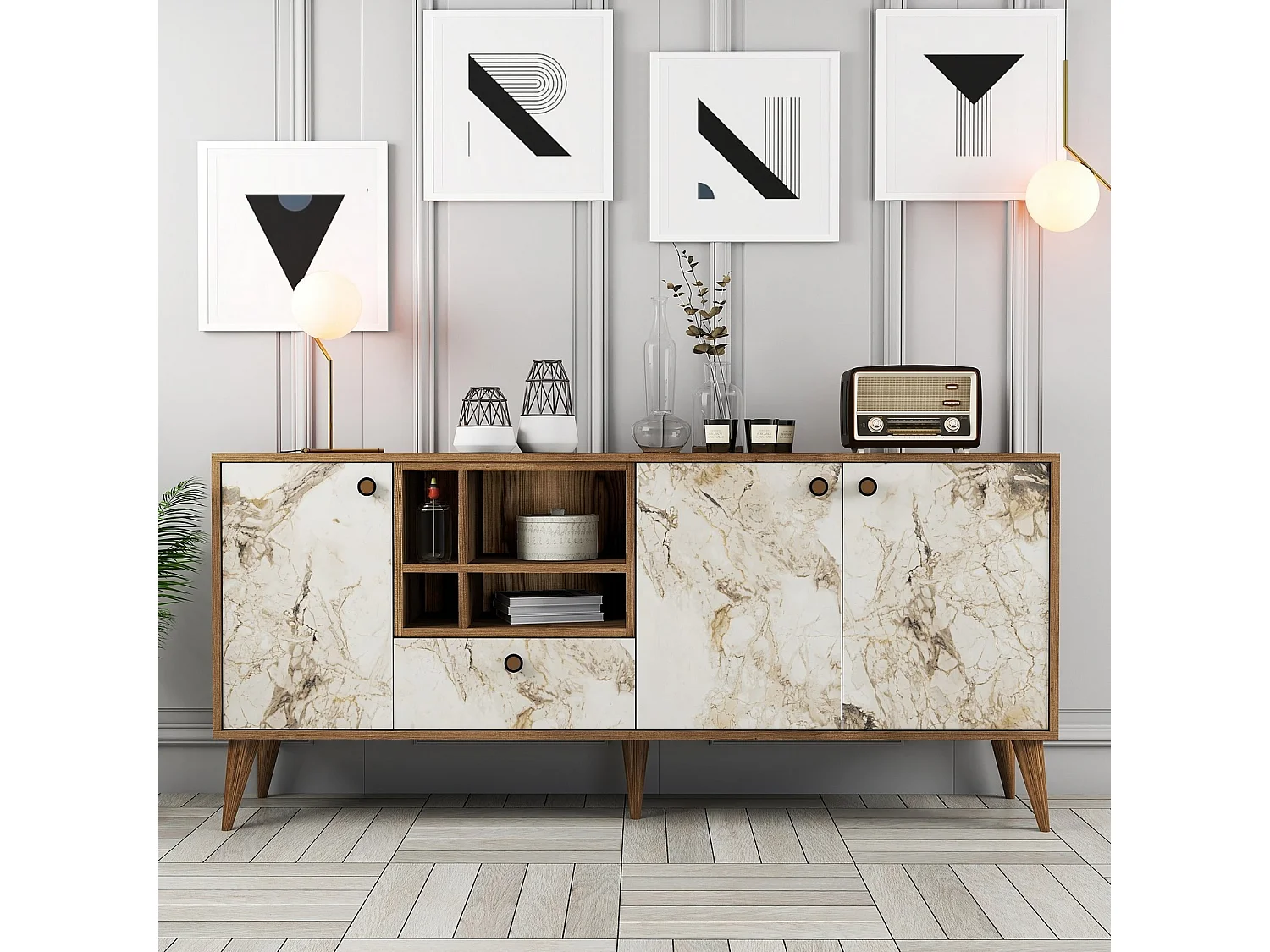 Buffet moderne 4 portes Sened L180cm Effet marbre Blant et Bois foncé