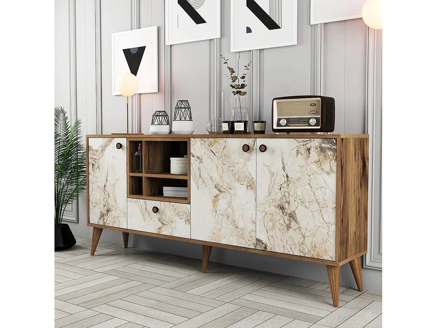 Buffet moderne 4 portes Sened L180cm Effet marbre Blant et Bois foncé
