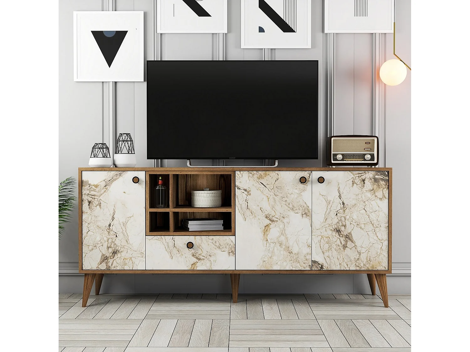 Buffet moderne 4 portes Sened L180cm Effet marbre Blant et Bois foncé