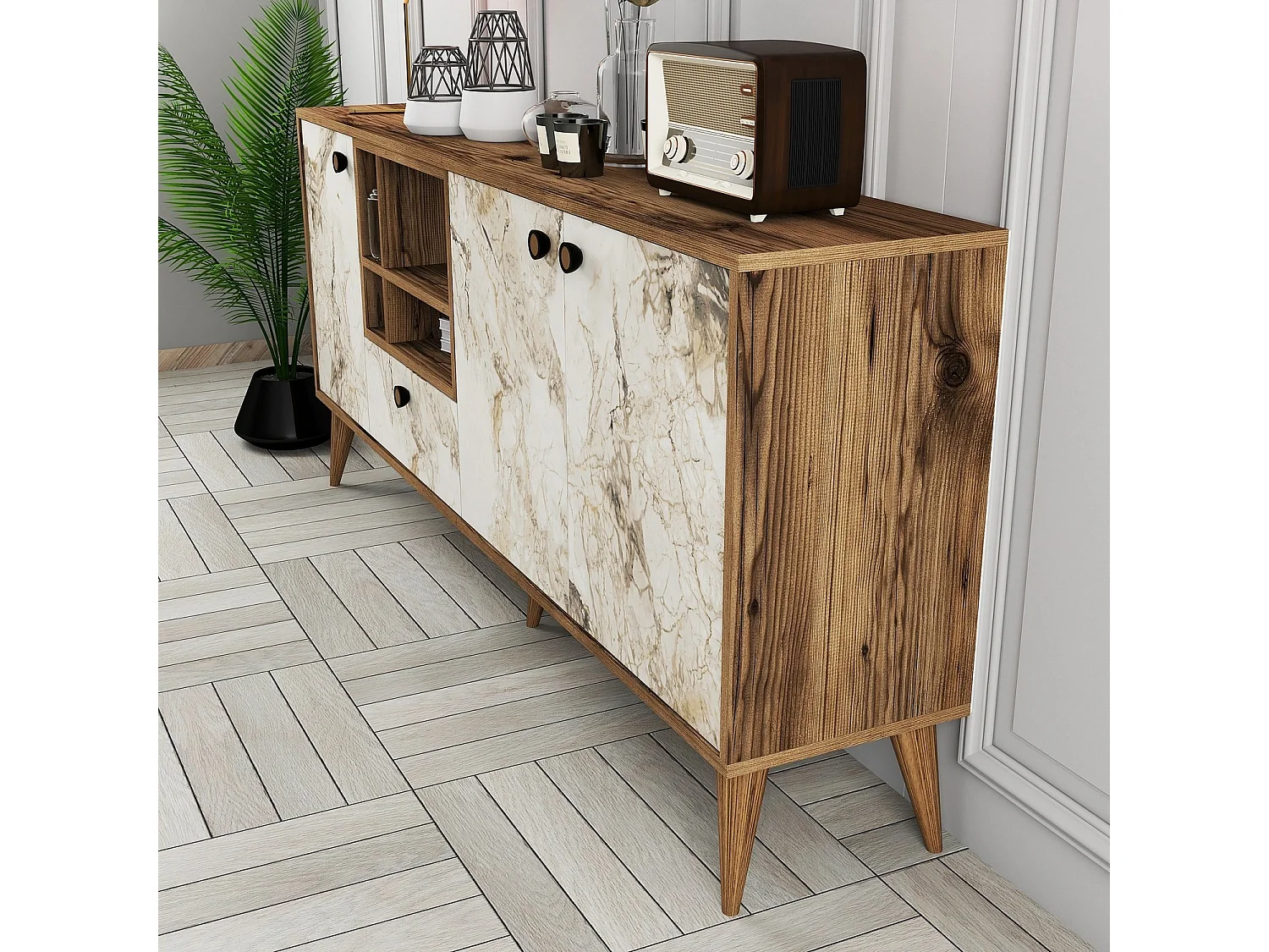 Buffet moderne 4 portes Sened L180cm Effet marbre Blant et Bois foncé
