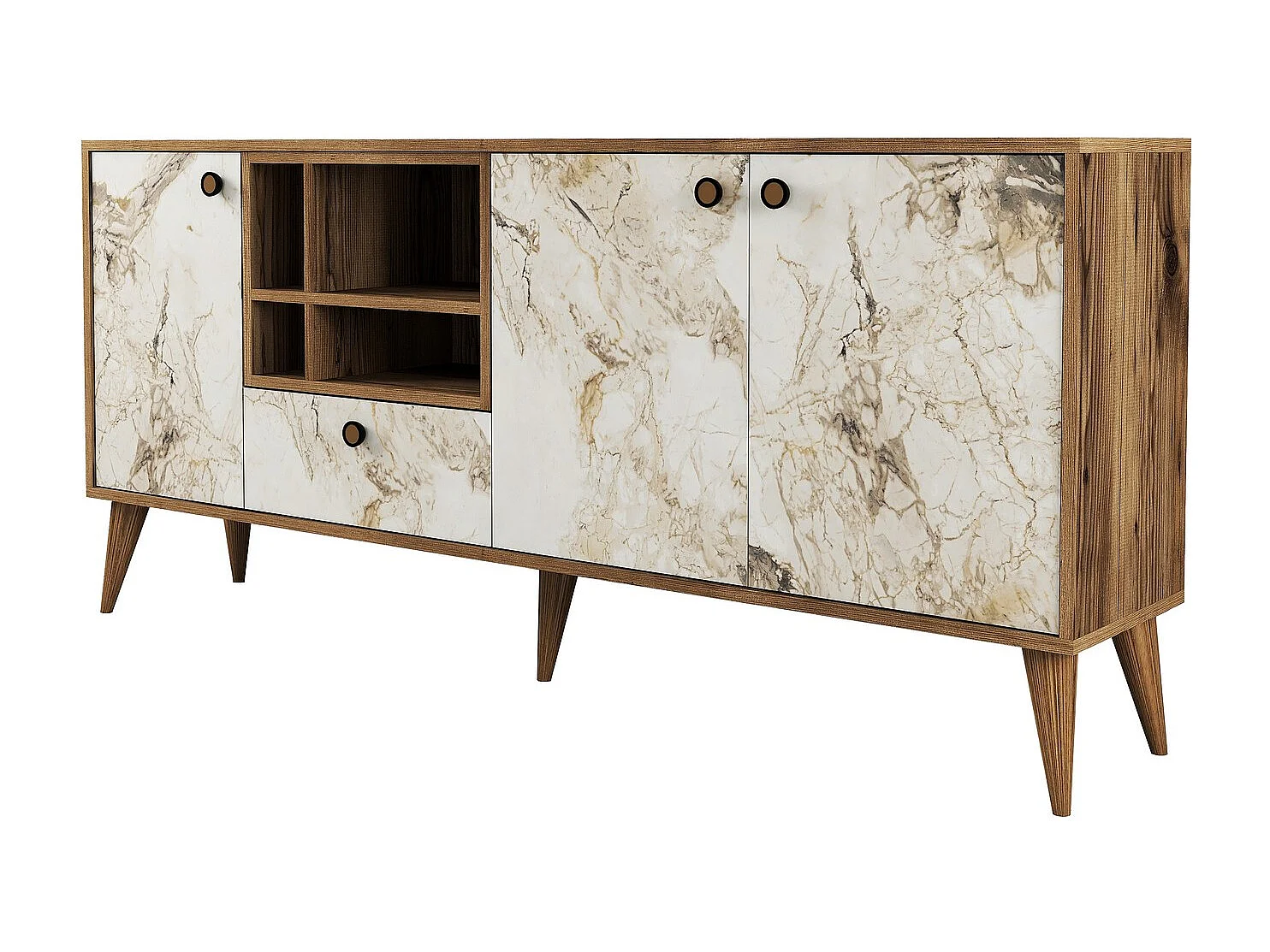 Buffet moderne 4 portes Sened L180cm Effet marbre Blant et Bois foncé