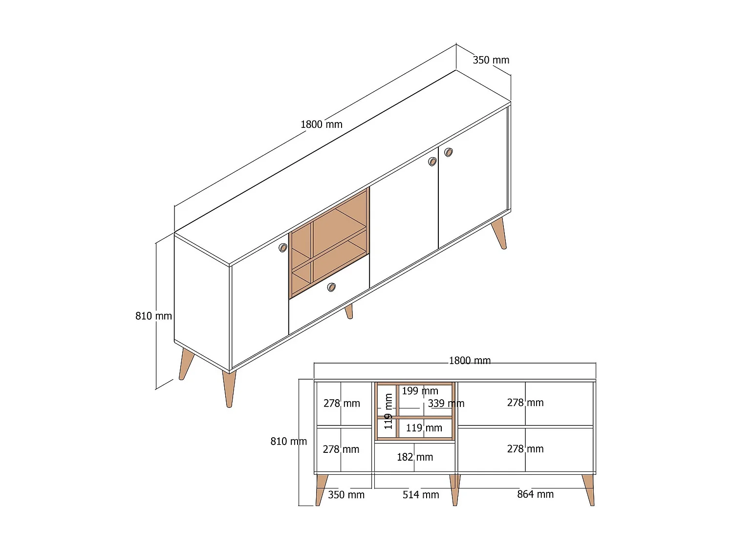 Aparador – 180 cm x 81 cm x 35 cm – Branco – Painel de partículas revestido a melamina