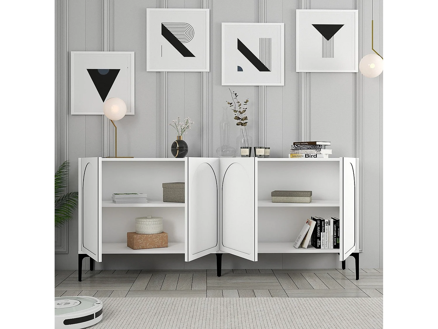 Aparador – 180 x 79 x 35 cm – Blanco y Negro – Tablero de Partículas