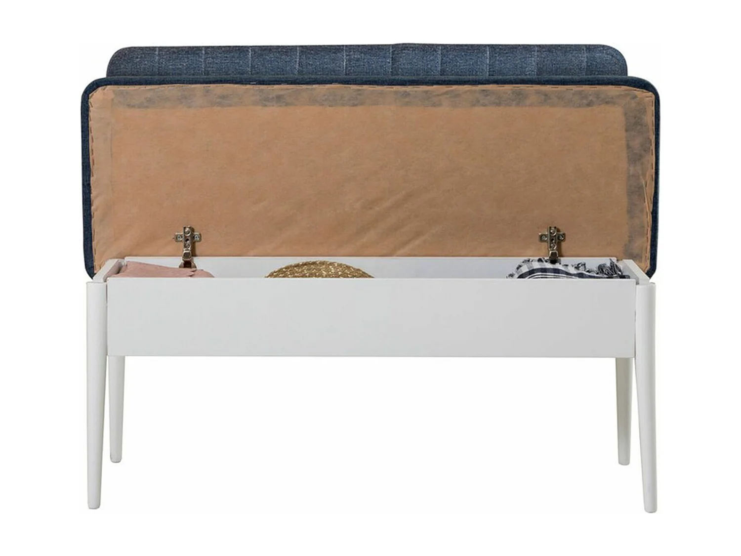 Banquette-coffre capitonnée avec dossier L110cm Scamnum Blanc et Tissu Bleu orage