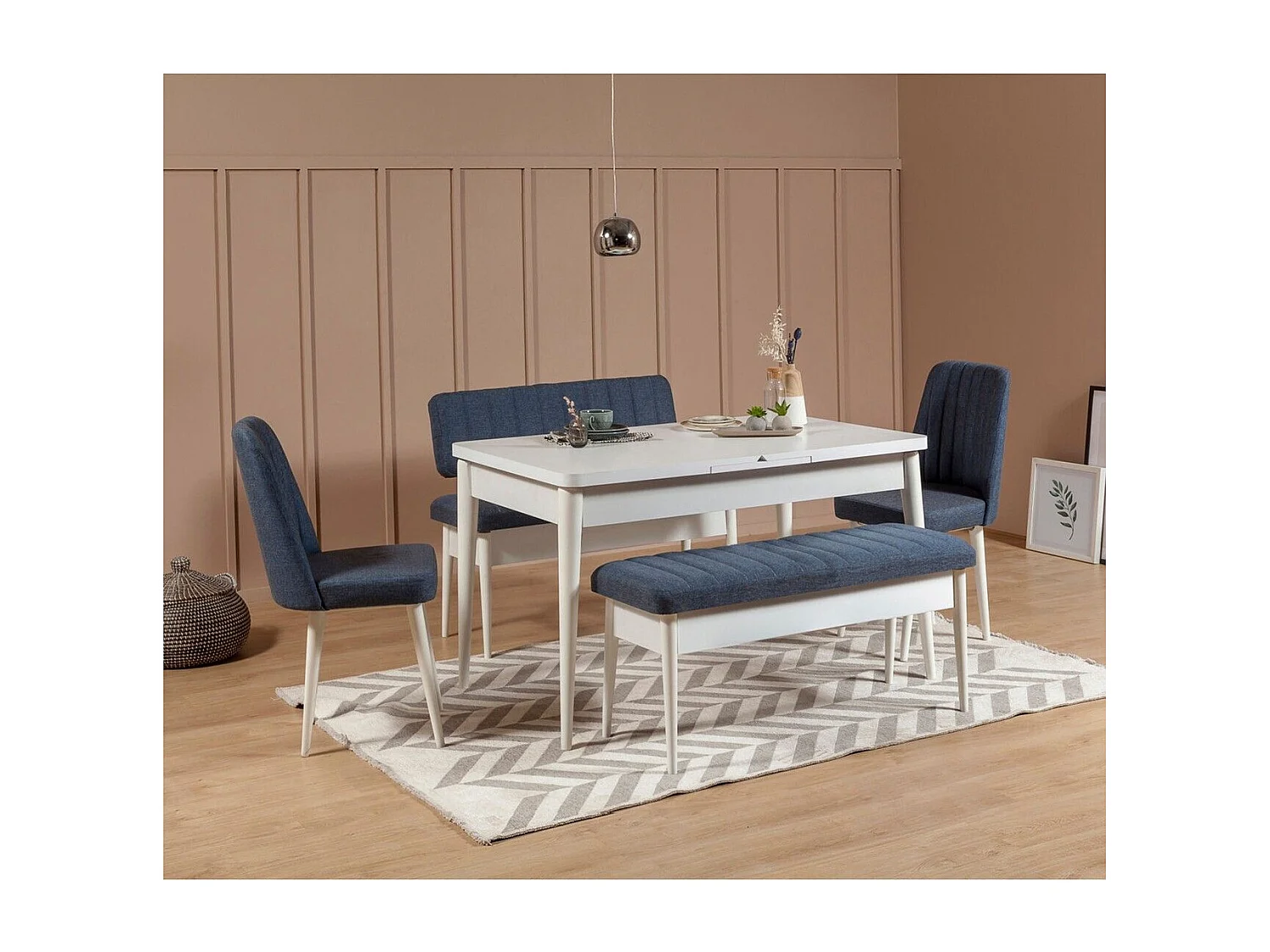 Banquette-coffre capitonnée avec dossier L110cm Scamnum Blanc et Tissu Bleu orage