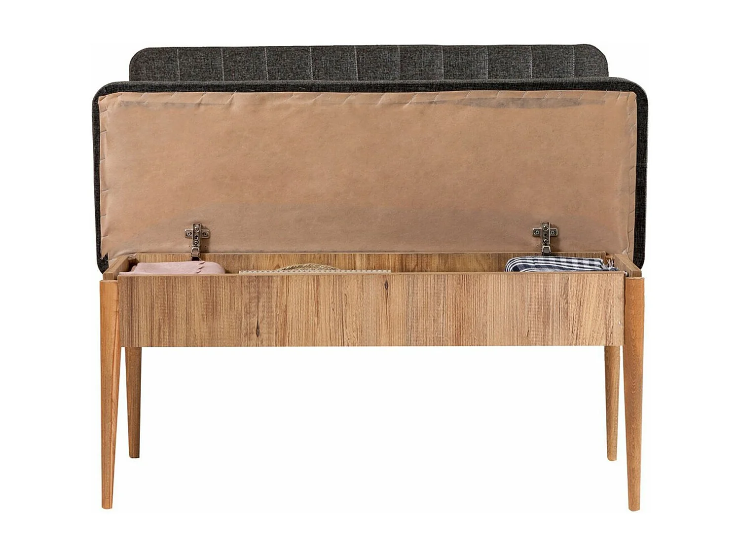 Banquette-coffre capitonnée avec dossier L110cm Scamnum Bois clair et Tissu Anthracite