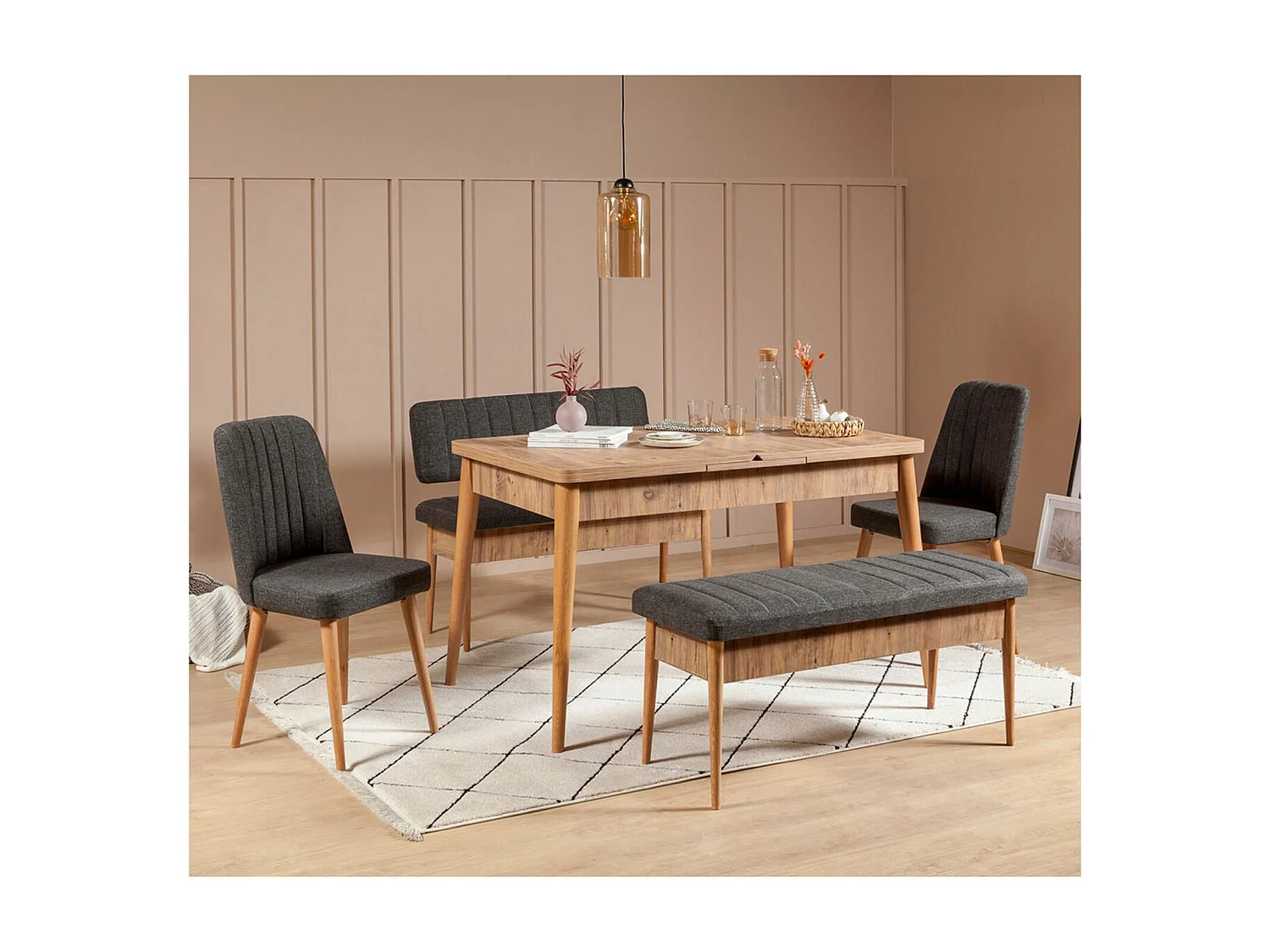 Banquette-coffre capitonnée avec dossier L110cm Scamnum Bois clair et Tissu Anthracite