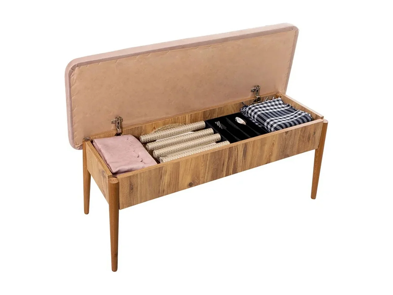 Banquette-coffre capitonnée avec dossier L110cm Scamnum Bois clair et Velours Taupe