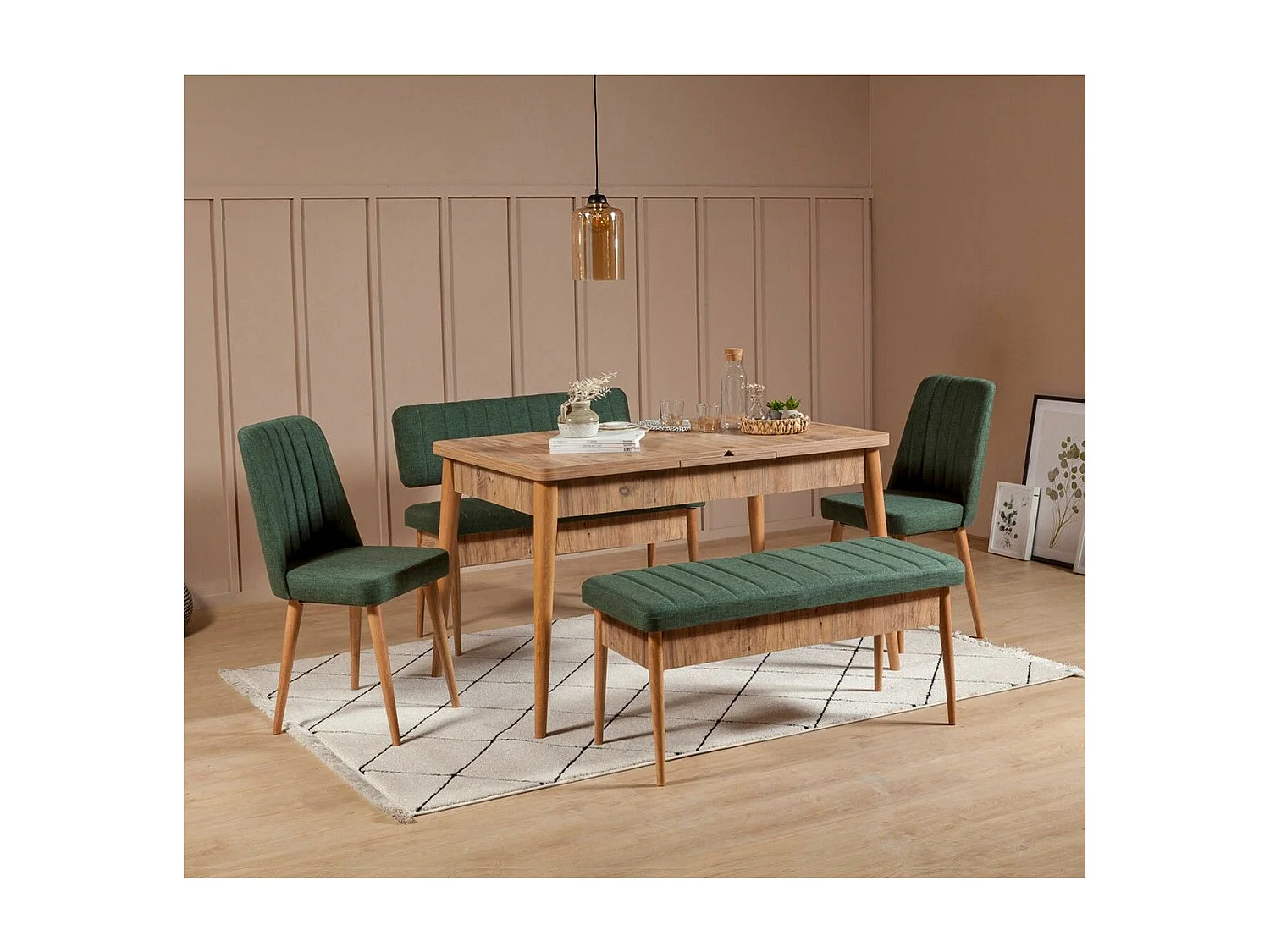 Banquette-coffre capitonnée avec dossier L110cm Scamnum Bois clair et Tissu Vert forêt