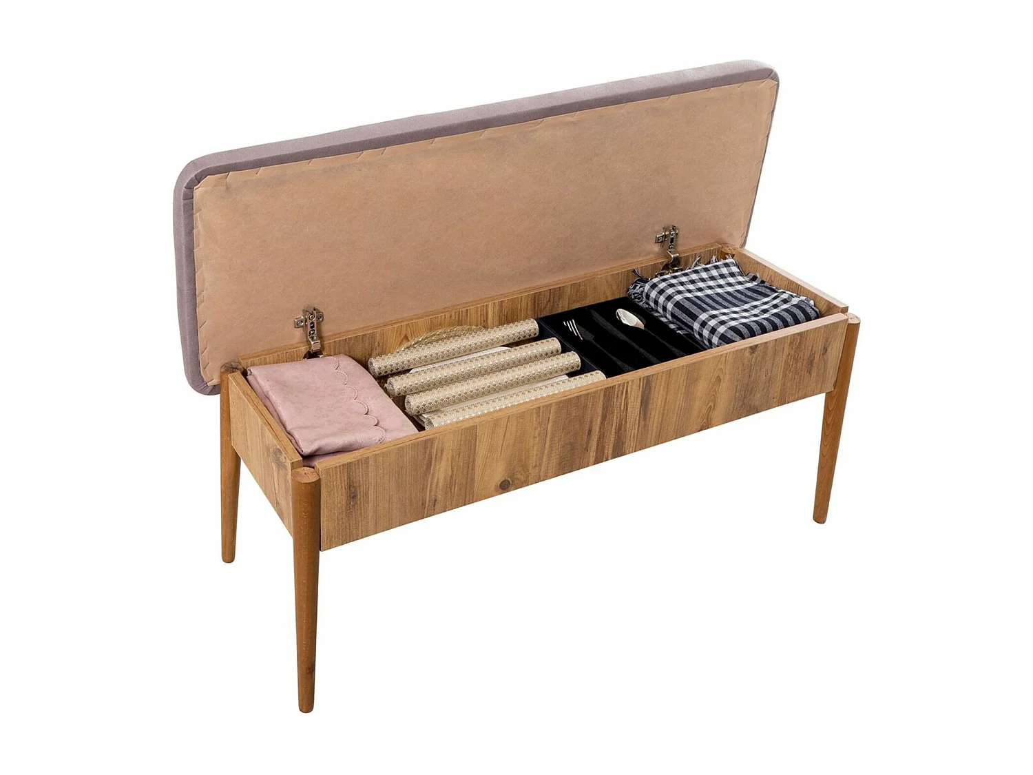 Banquette-coffre capitonnée avec dossier L110cm Scamnum Bois clair et Velours Gris clair