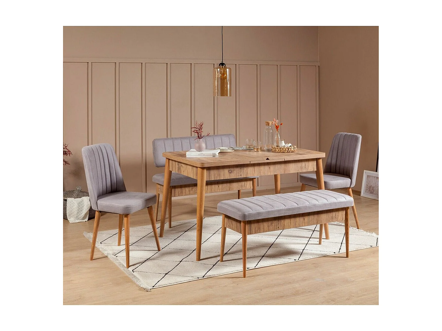 Banquette-coffre capitonnée avec dossier L110cm Scamnum Bois clair et Velours Gris clair