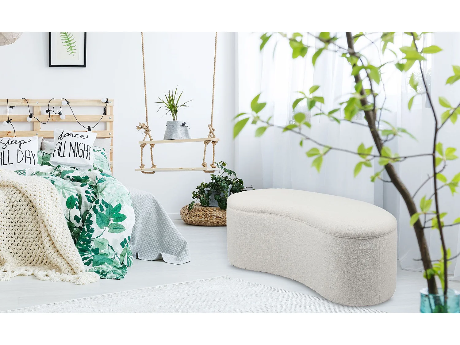 Banquette-coffre courbée Beanie Tissu bouclette Blanc