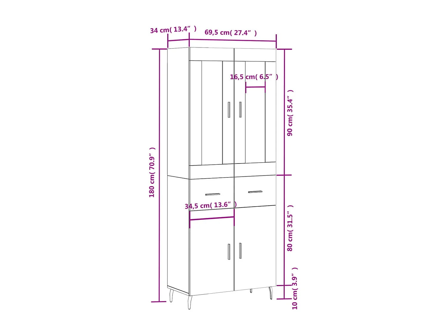 Highboard Sonoma-Eiche 69,5x34x180 cm Holzwerkstoff