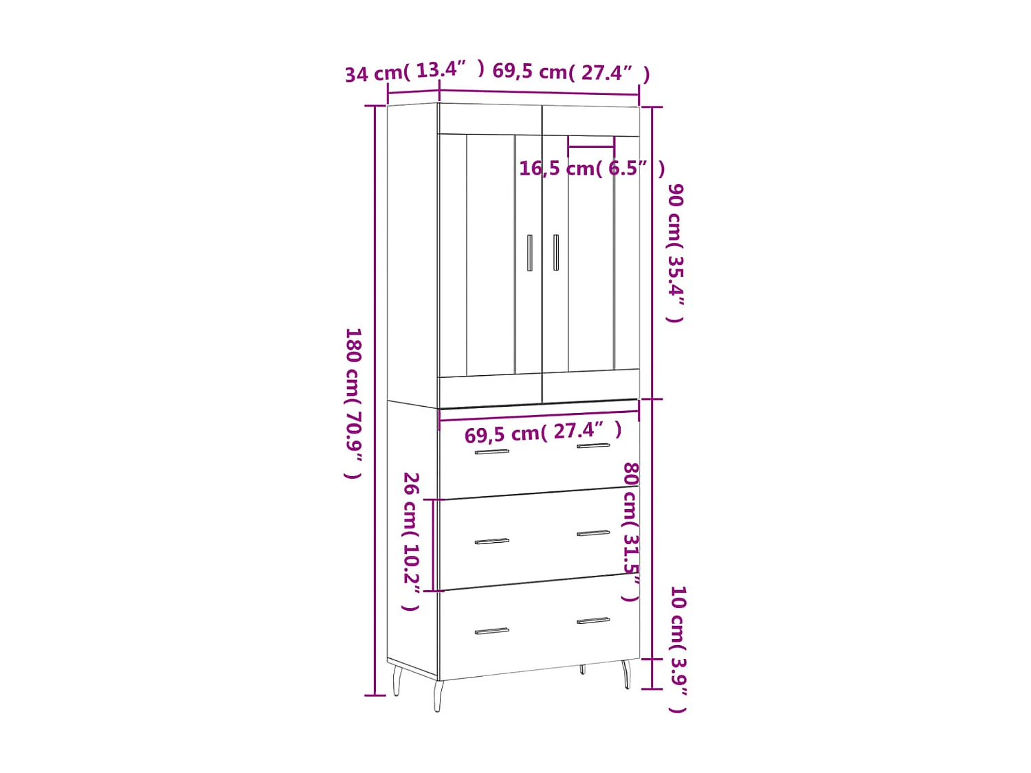 Highboard Sonoma-Eiche 69,5x34x180 cm Holzwerkstoff