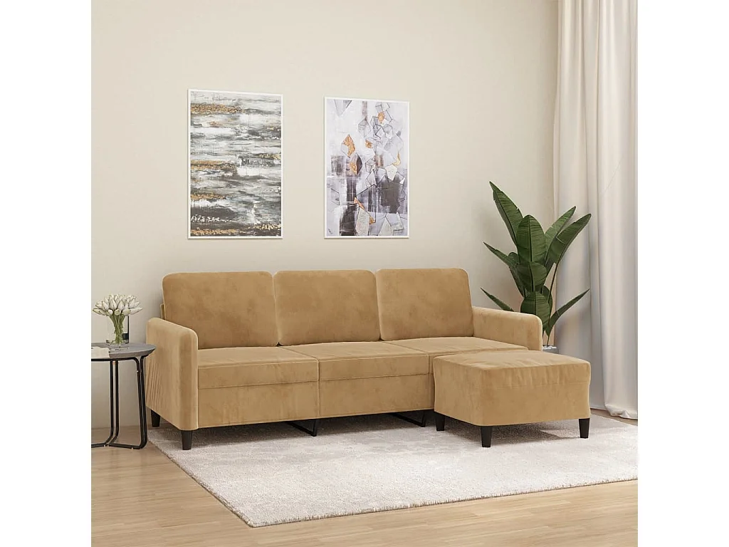 Trzyosobowa Kanapa Welurowa w Kolorze Brązowym z Podnóżkiem 180 cm - Nowoczesny i Wygodny Design