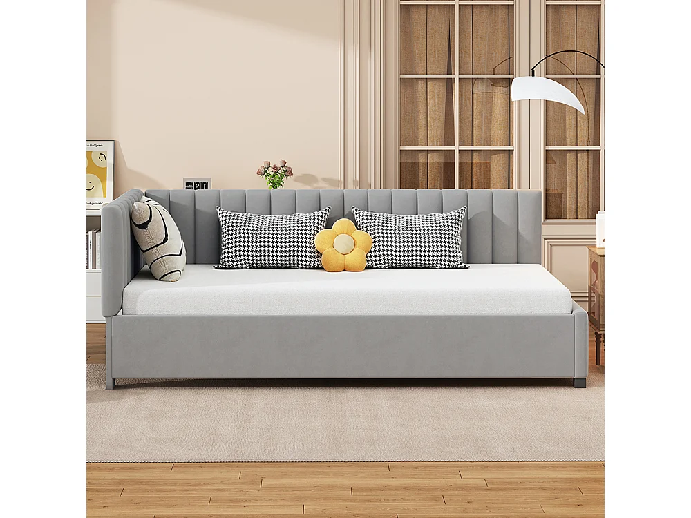 Lit adulte Lit gigogne Lit 90x200 avec sommier à lattes Canapé-lit pour le salon Tissu velours Gris