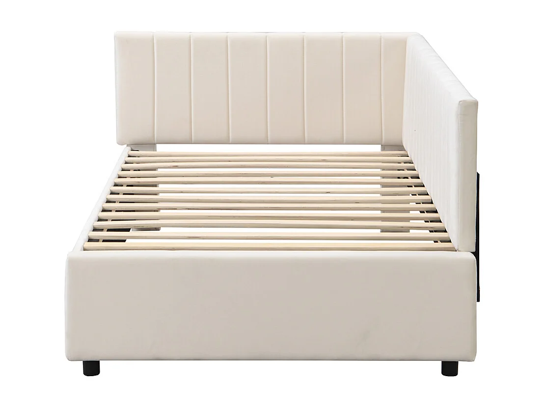 Lit adulte Lit gigogne Lit 90x200 avec sommier à lattes Canapé-lit pour le salon Tissu velours Beige