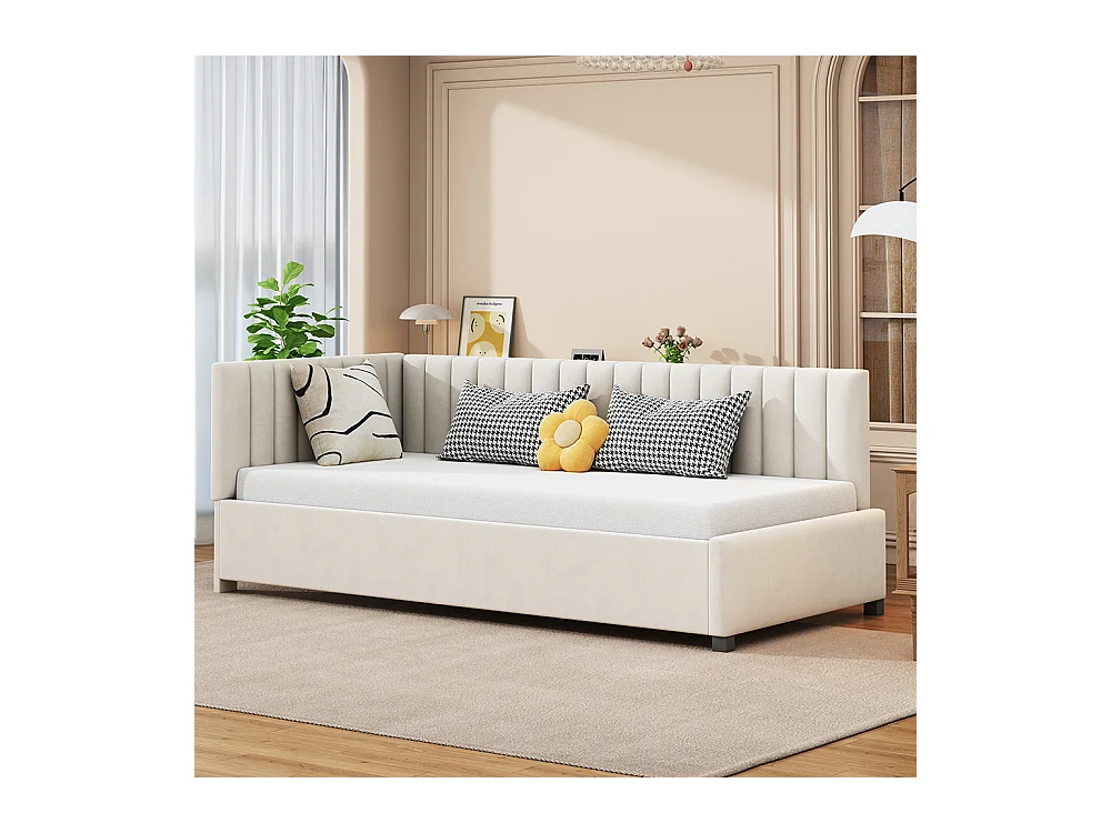 Lit adulte Lit gigogne Lit 90x200 avec sommier à lattes Canapé-lit pour le salon Tissu velours Beige