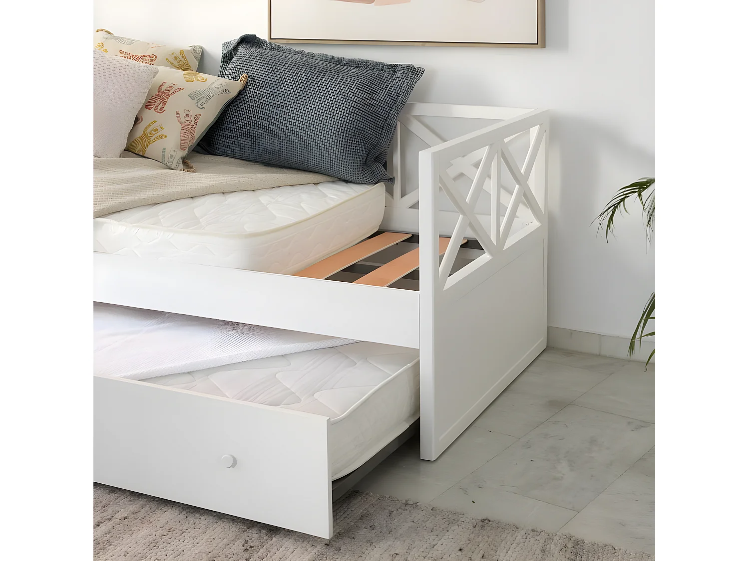 Matelas et sommier pour lit gigogne mousse pu / textile - métal / bois blanc 200x18