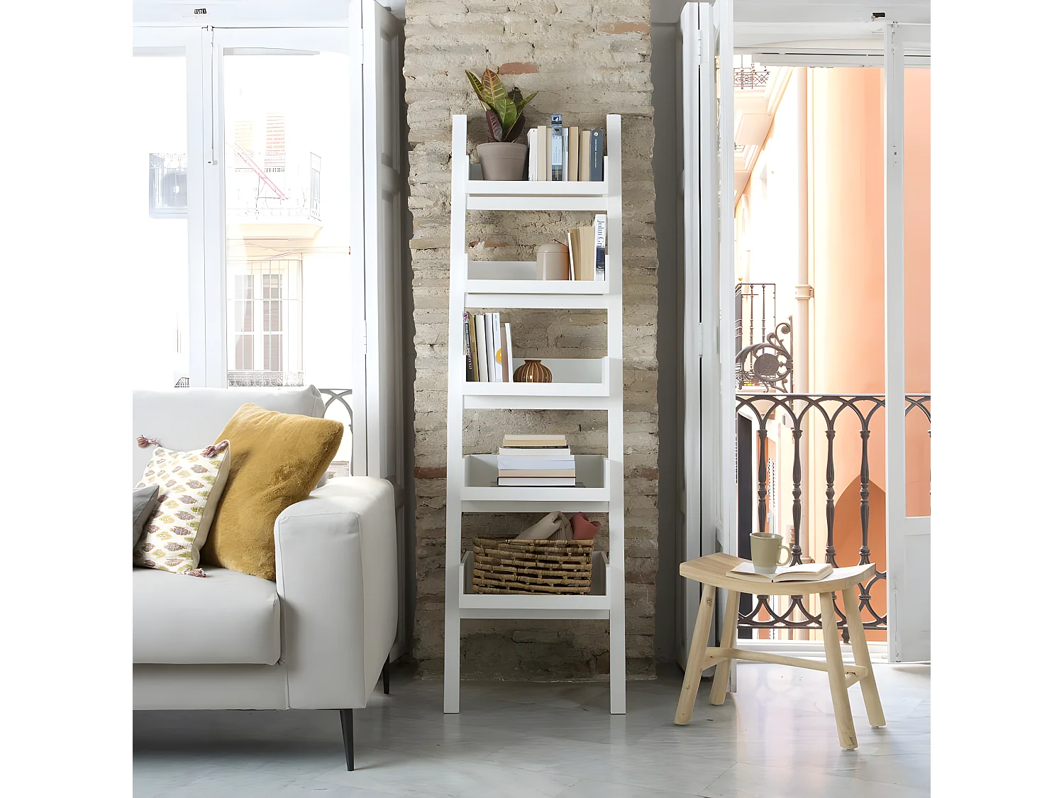 Scaffale legno massello e pannello in mdf bianco 43x185