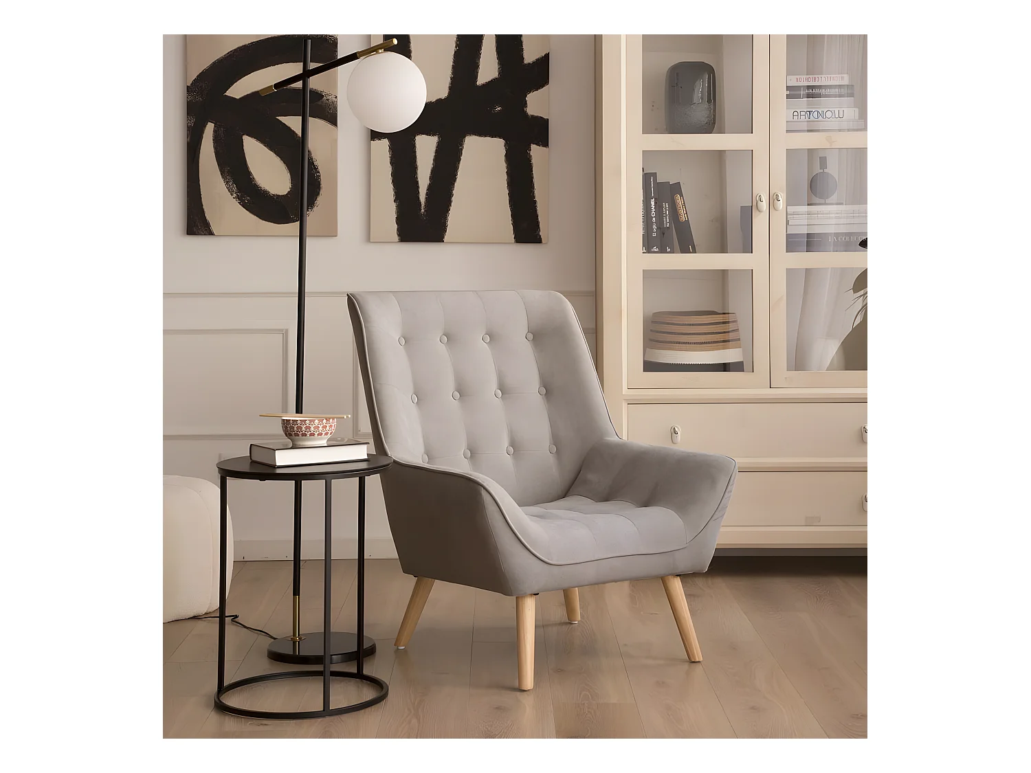 Fauteuil en tissu et bois Gris Perle (631) 83x93