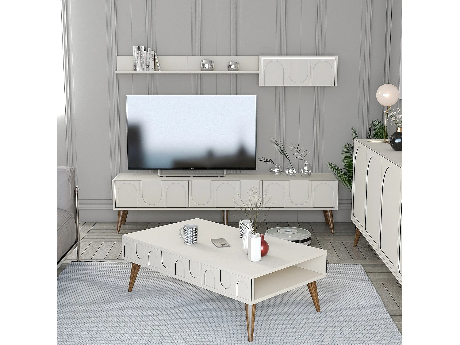 Ensemble meubles de salons style minimaliste Lyana 3 pièces Crème et Bois clair