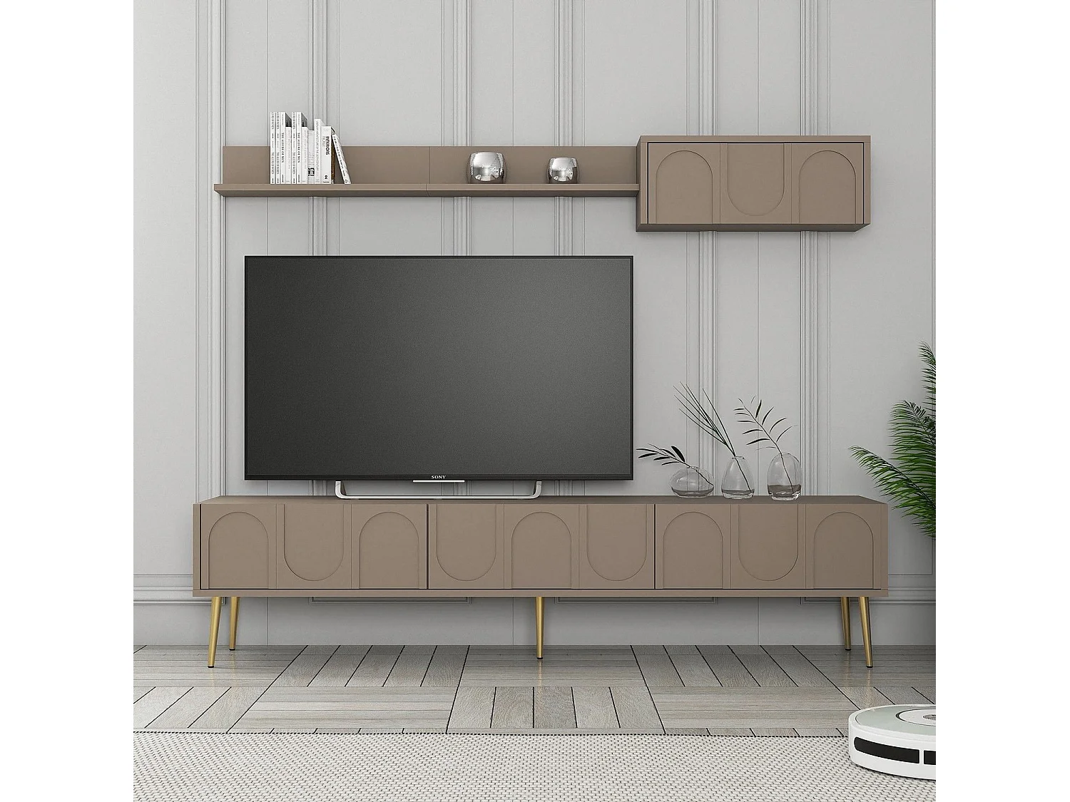 Ensemble meuble TV et étagère murale Lyana L180cm Taupe foncé et Or