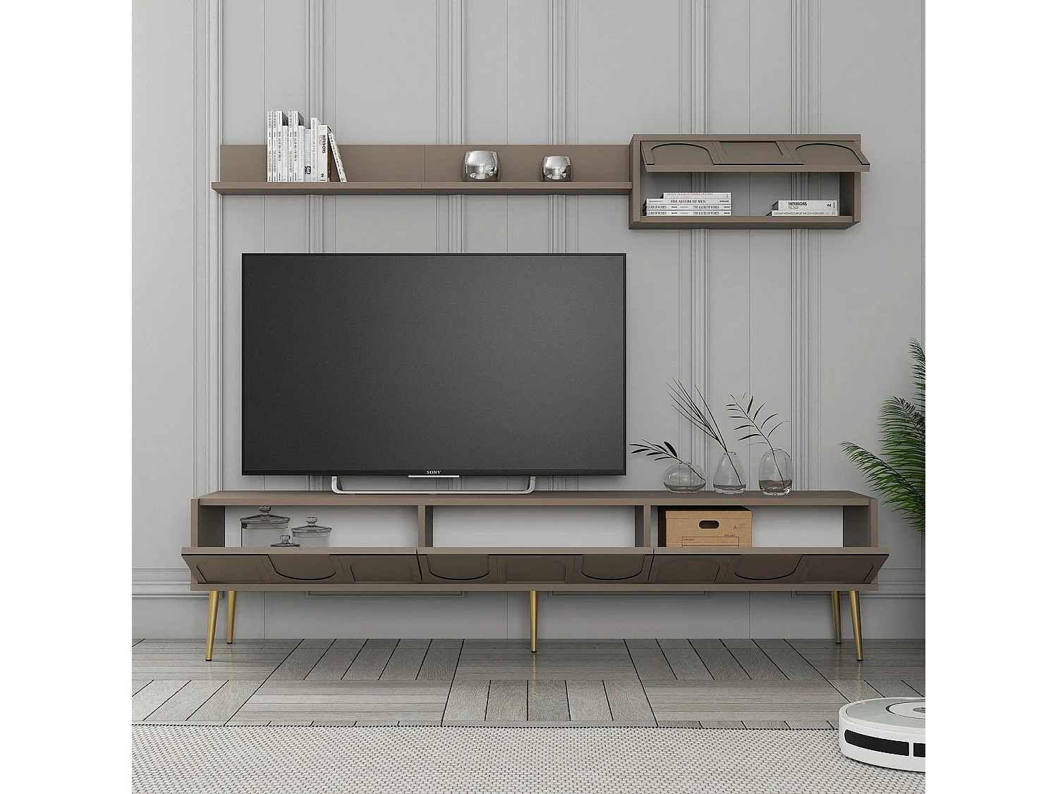 Ensemble meuble TV et étagère murale Lyana L180cm Taupe foncé et Or