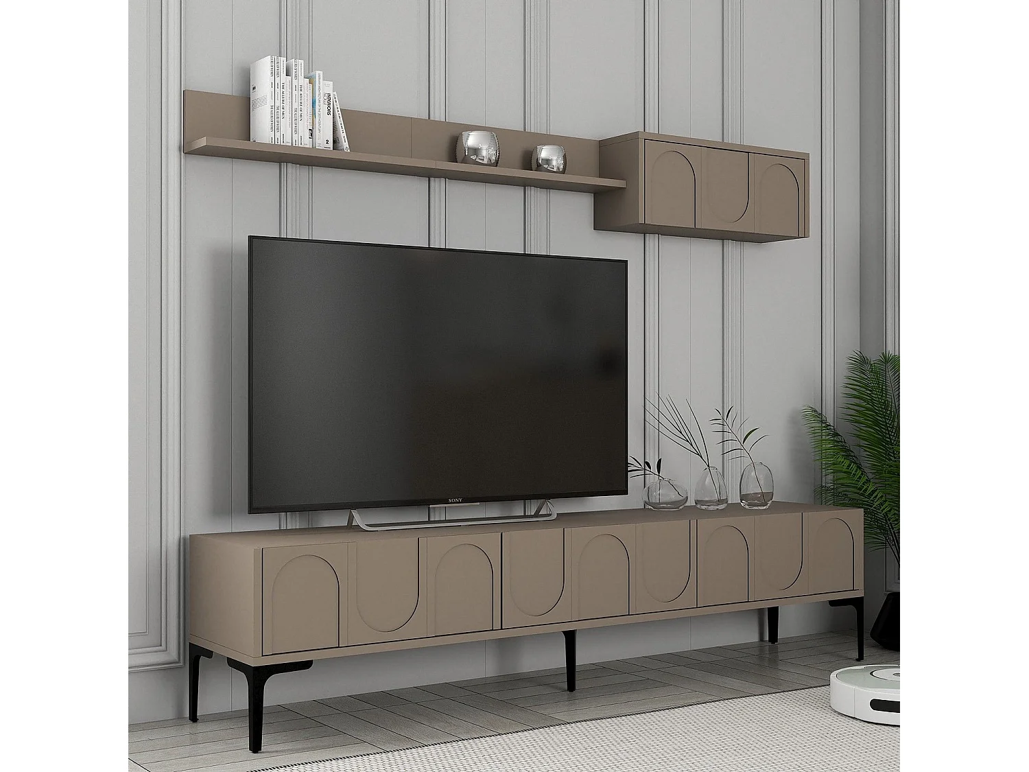 Móvel de TV elegante – 180 cm – Atlas e Preto – Painéis de partículas revestidos a melamina