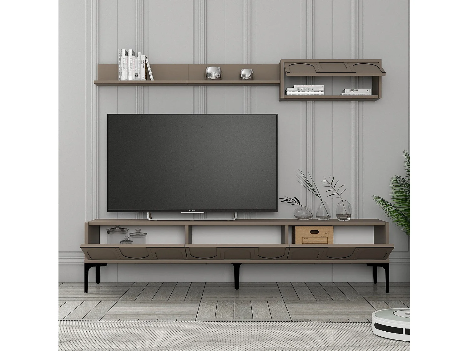 Móvel de TV elegante – 180 cm – Atlas e Preto – Painéis de partículas revestidos a melamina