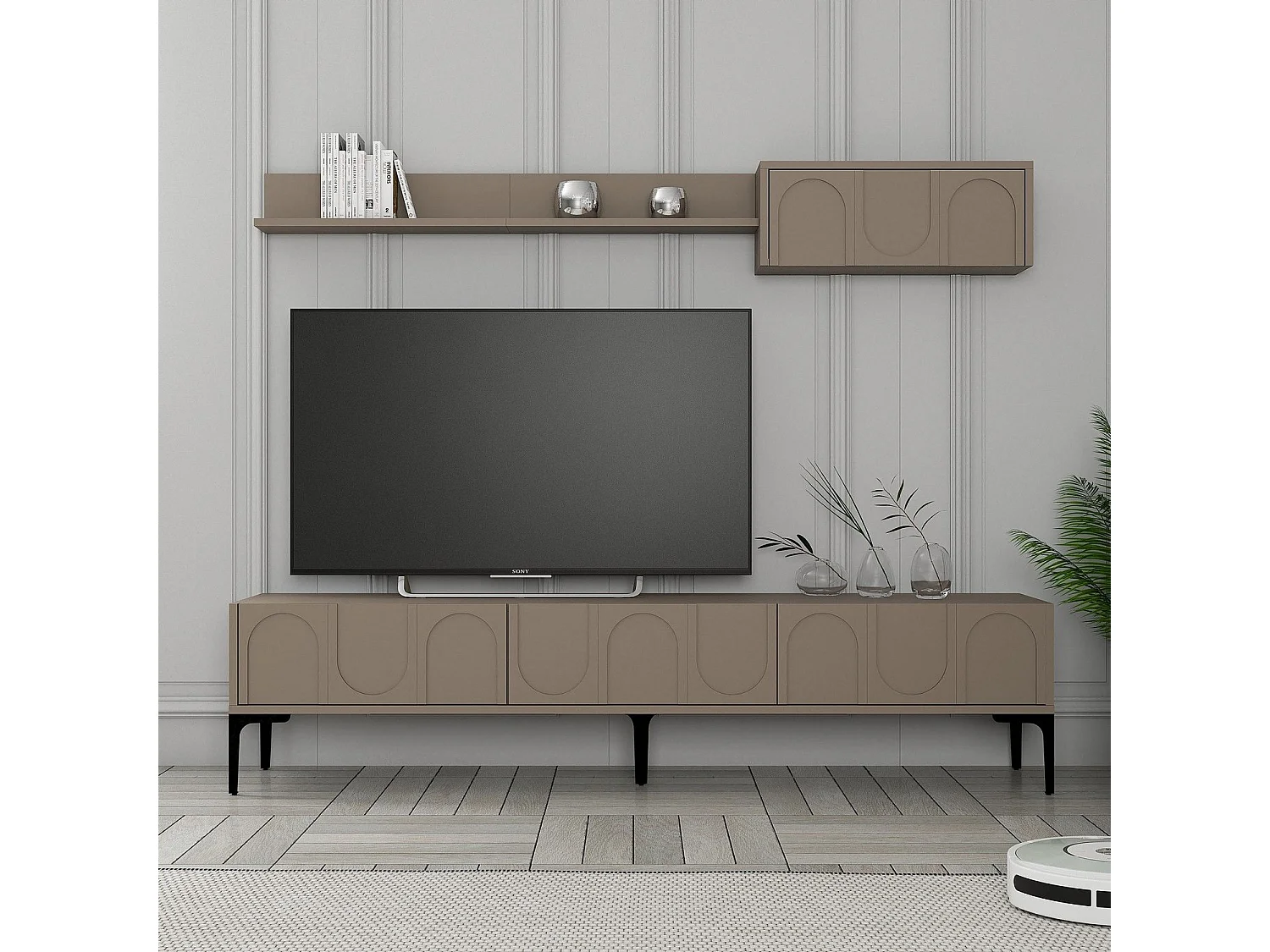 Ensemble meuble TV et étagère murale Lyana L180cm Taupe foncé et Noir