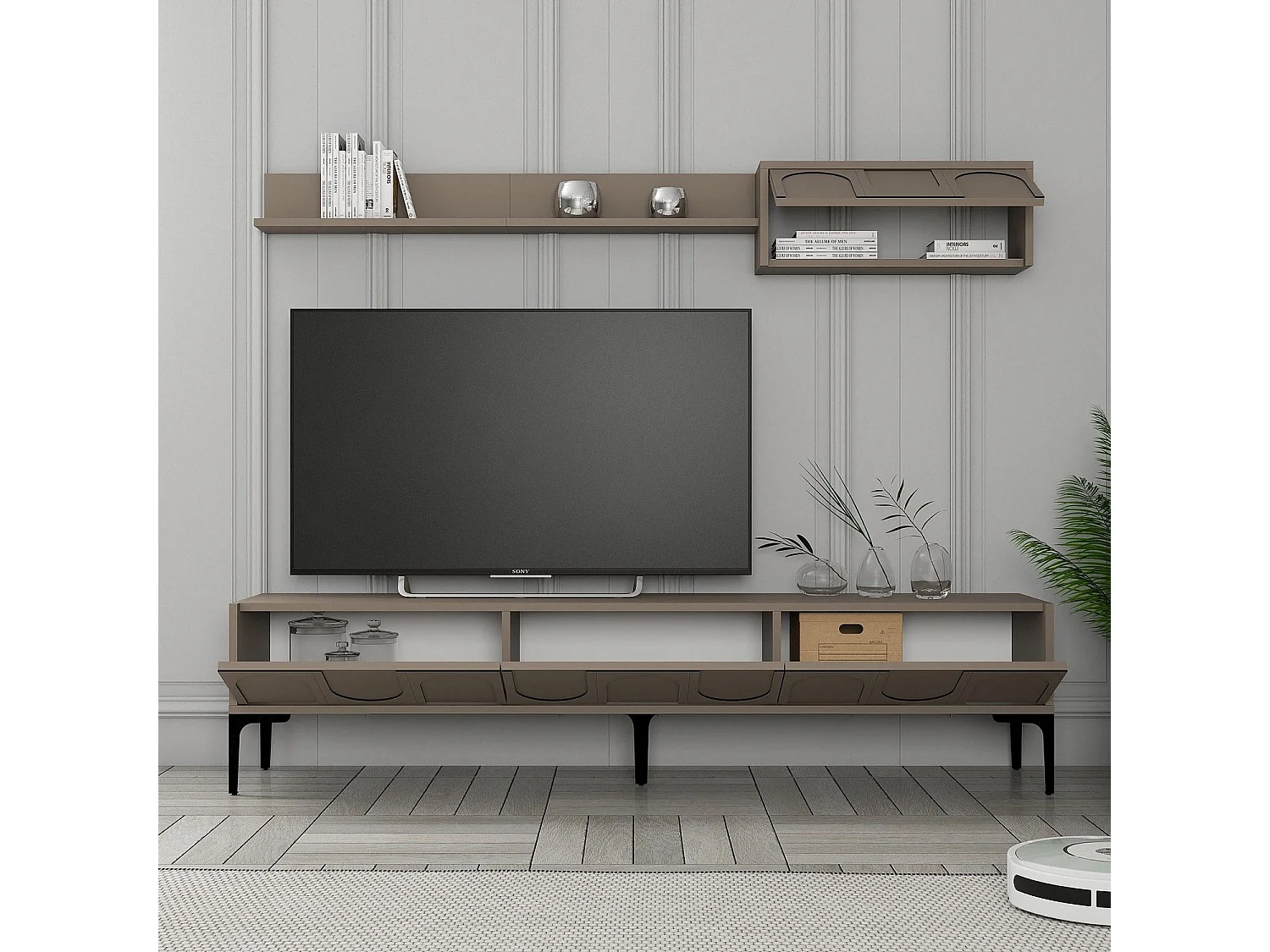 Ensemble meuble TV et étagère murale Lyana L180cm Taupe foncé et Noir