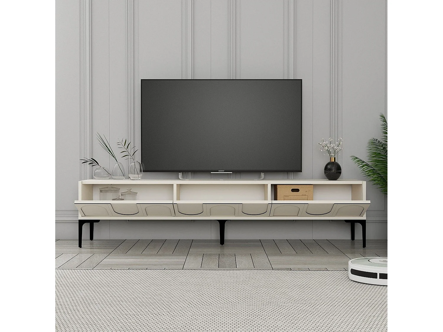 Meuble TV style minimaliste 3 portes Lyana L180cm Crème et Noir