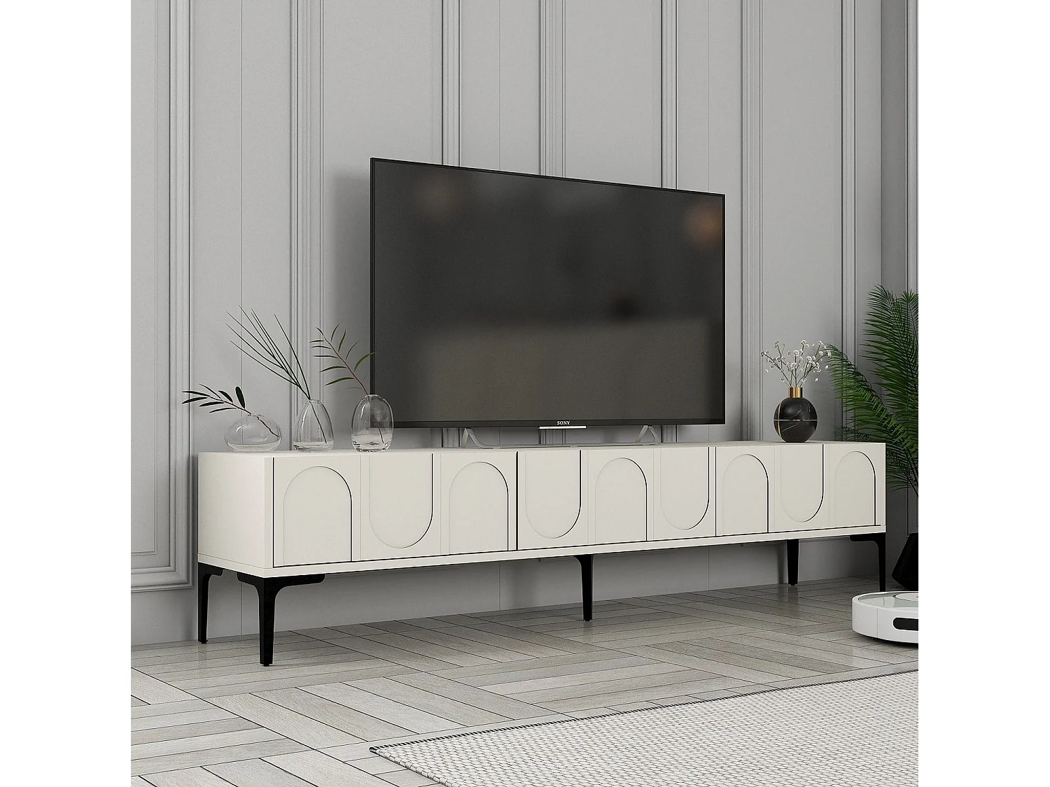 Meuble TV style minimaliste 3 portes Lyana L180cm Crème et Noir