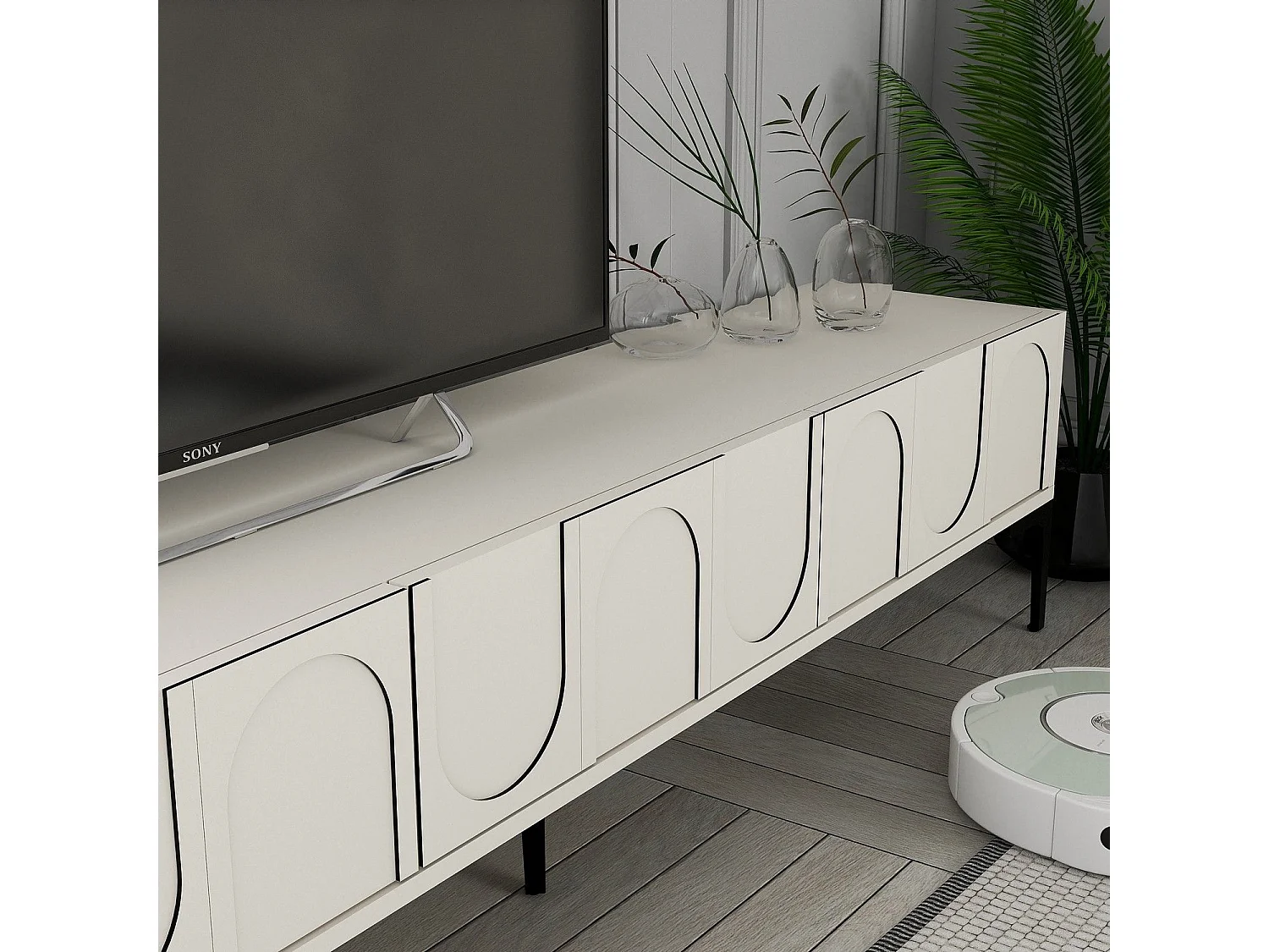Meuble TV style minimaliste 3 portes Lyana L180cm Crème et Noir