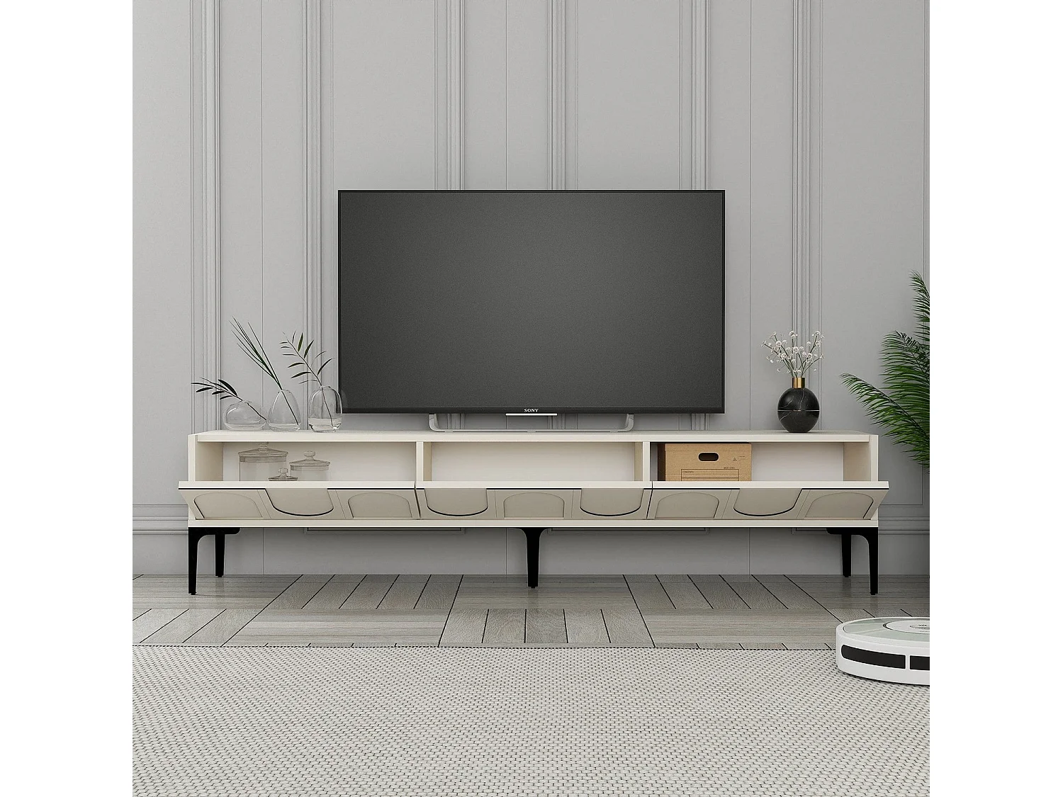 Meuble TV style minimaliste 3 portes Lyana L180cm Crème et Noir